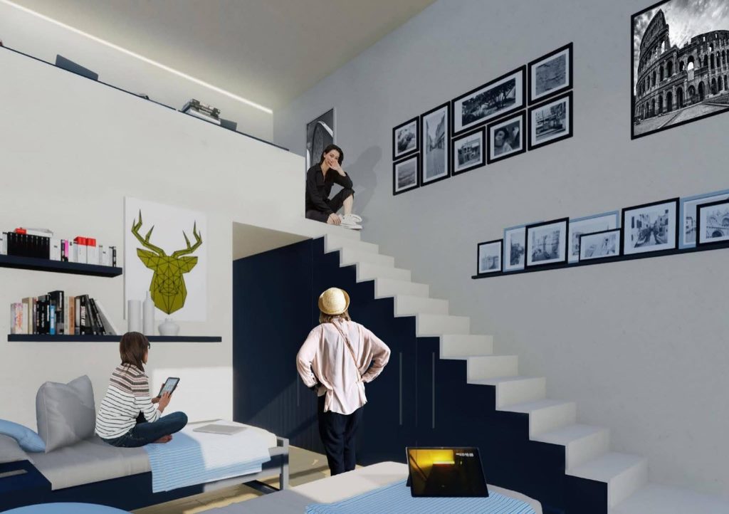 Render della sala comune della palazzina destinata agli studenti